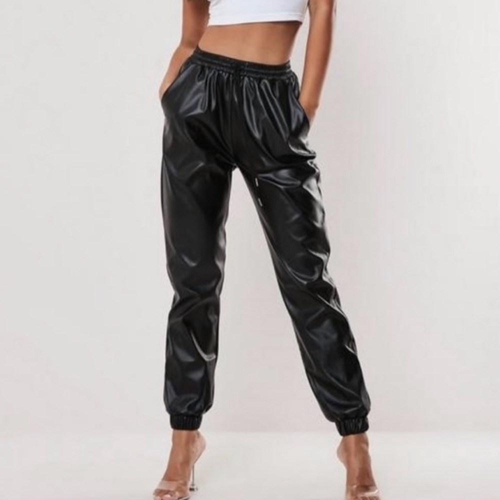 Missguided Faux Leather Black Joggers, Size 4‎